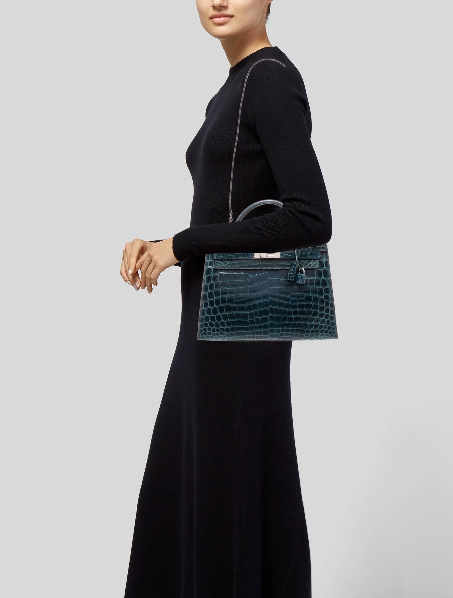 Hermès Shiny Porous Blue Crocodile Kelly (Authentic Pre-Loved)